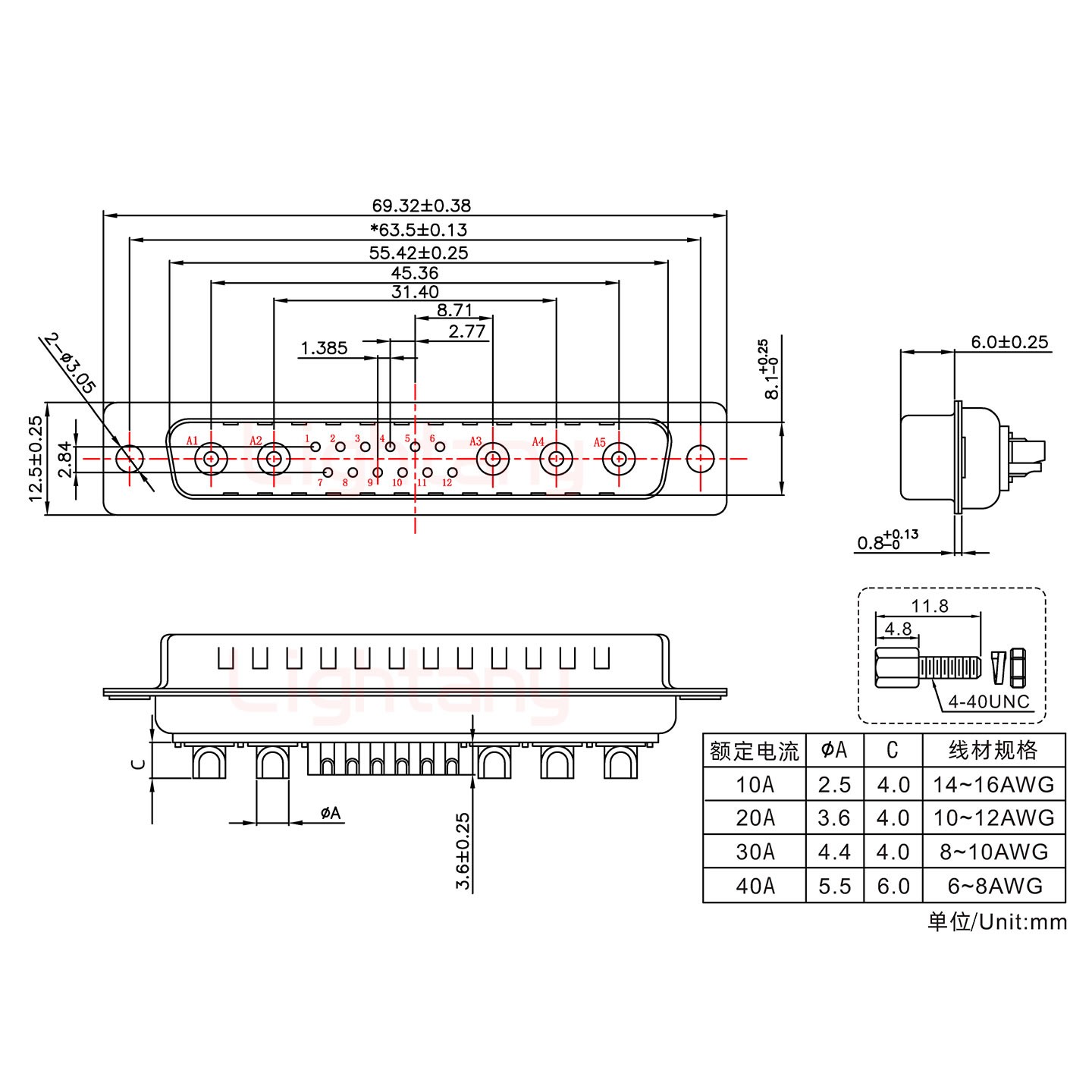 17W5公短體焊線(xiàn)/配螺絲螺母/大電流10A